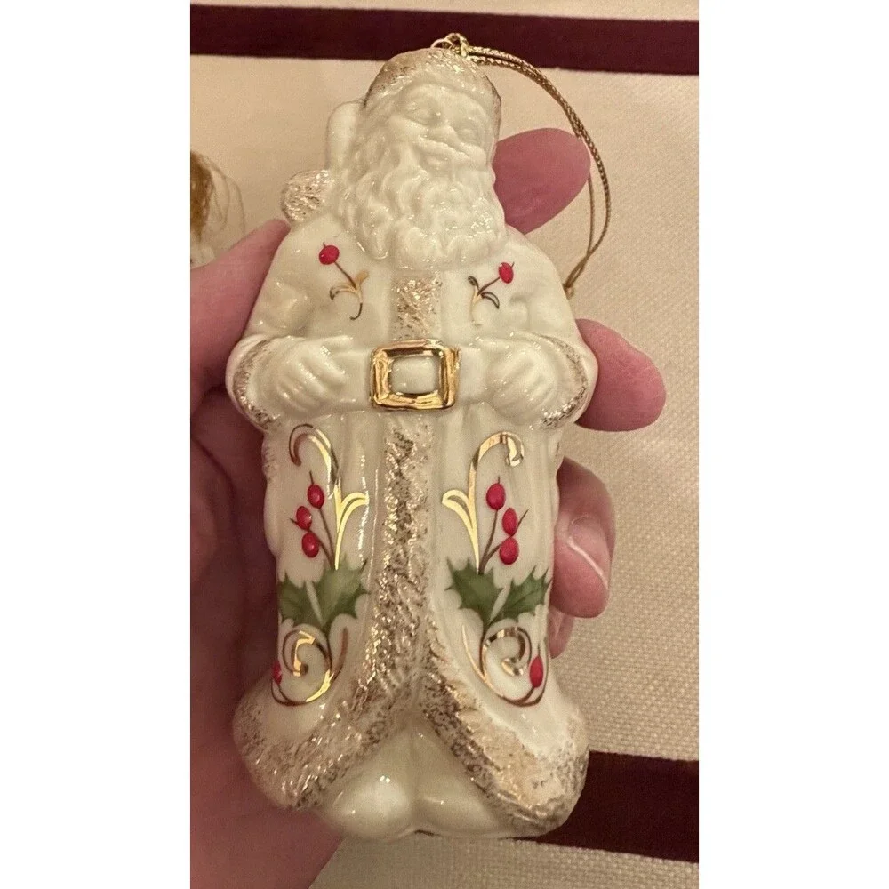 Lenox Mr. & Mrs. Santa Claus Boxed Ornament Set Holly Motif Gold Trim Vintage